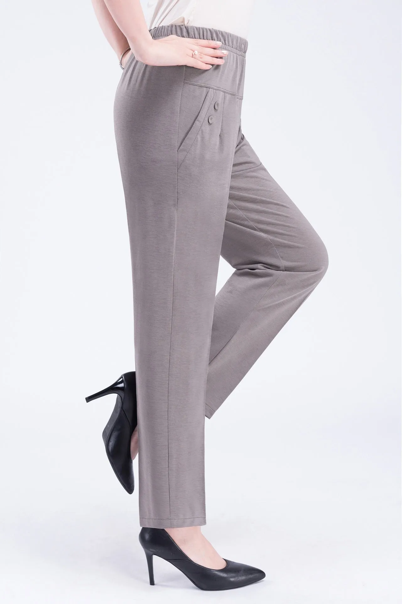Mom Summer Thin Ankle-Length Pants Casual High Waist Plus Size Ice Silk Straight Elderly Women Elderly Pants
