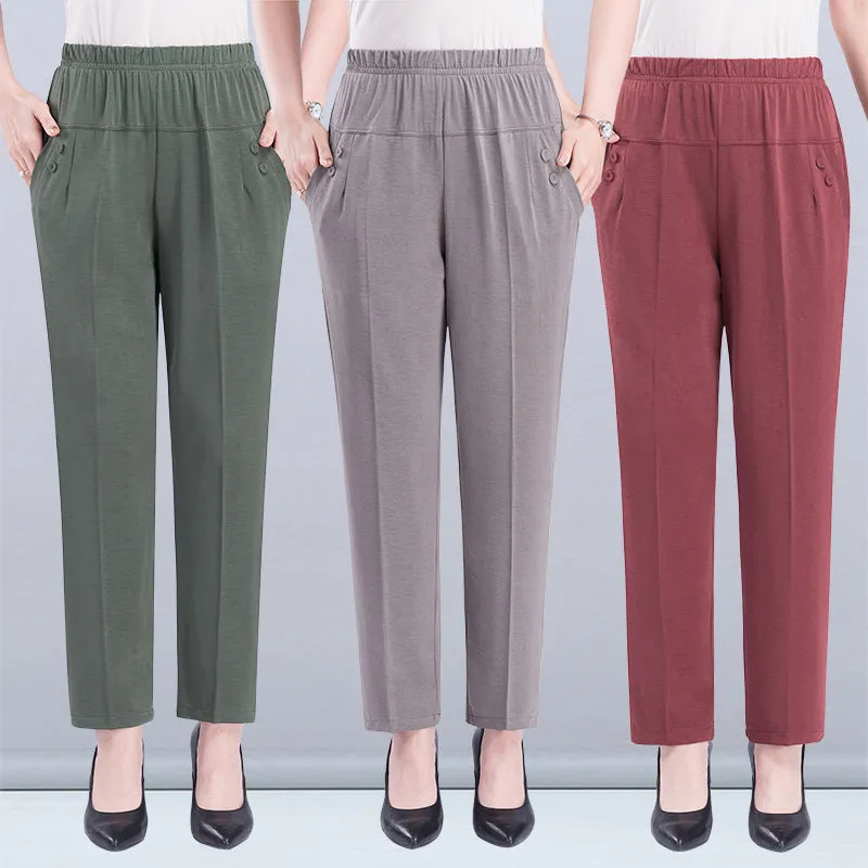 Mom Summer Thin Ankle-Length Pants Casual High Waist Plus Size Ice Silk Straight Elderly Women Elderly Pants