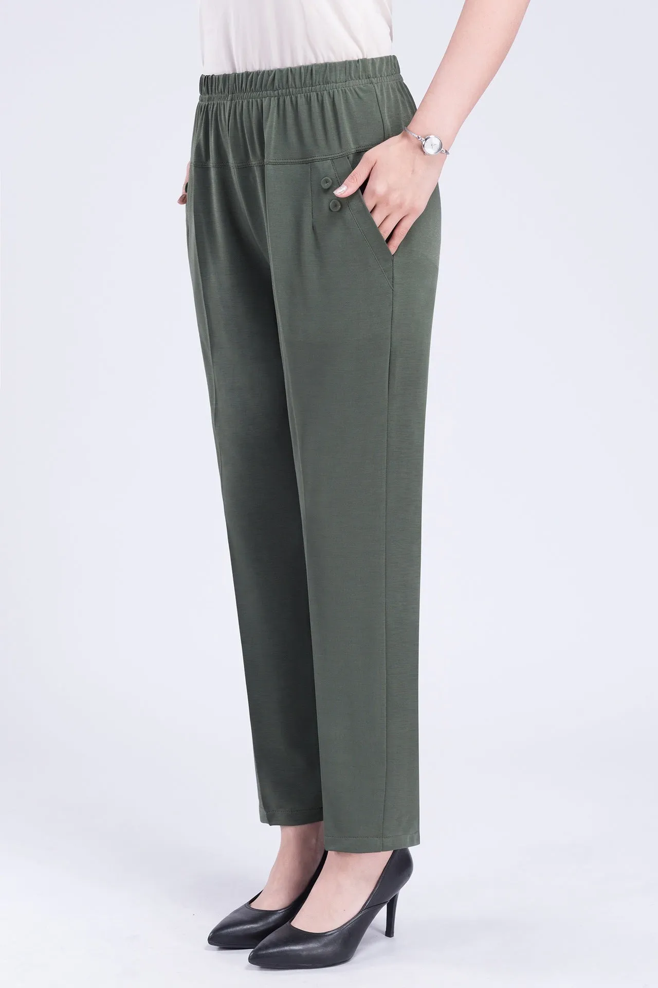 Mom Summer Thin Ankle-Length Pants Casual High Waist Plus Size Ice Silk Straight Elderly Women Elderly Pants