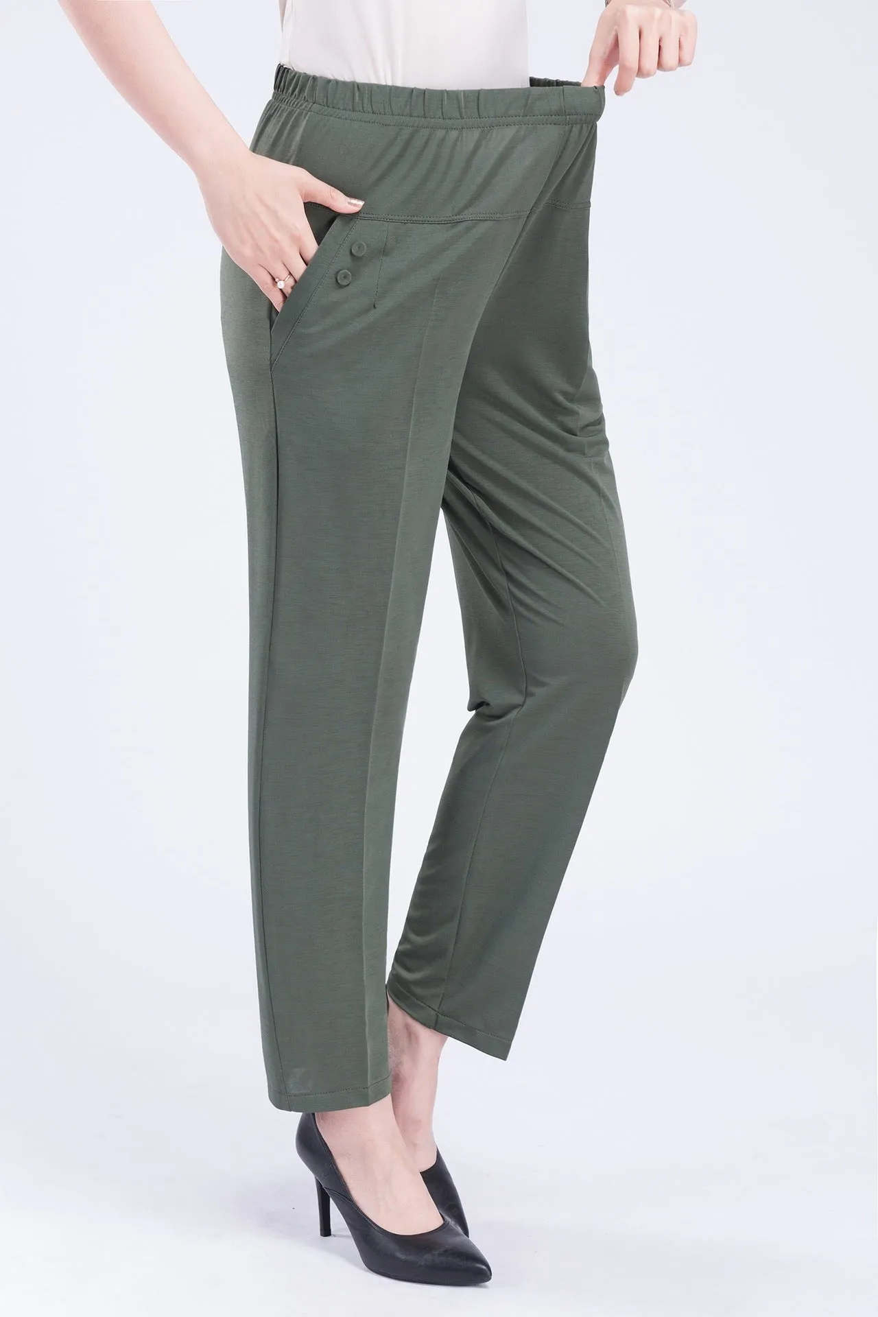 Mom Summer Thin Ankle-Length Pants Casual High Waist Plus Size Ice Silk Straight Elderly Women Elderly Pants