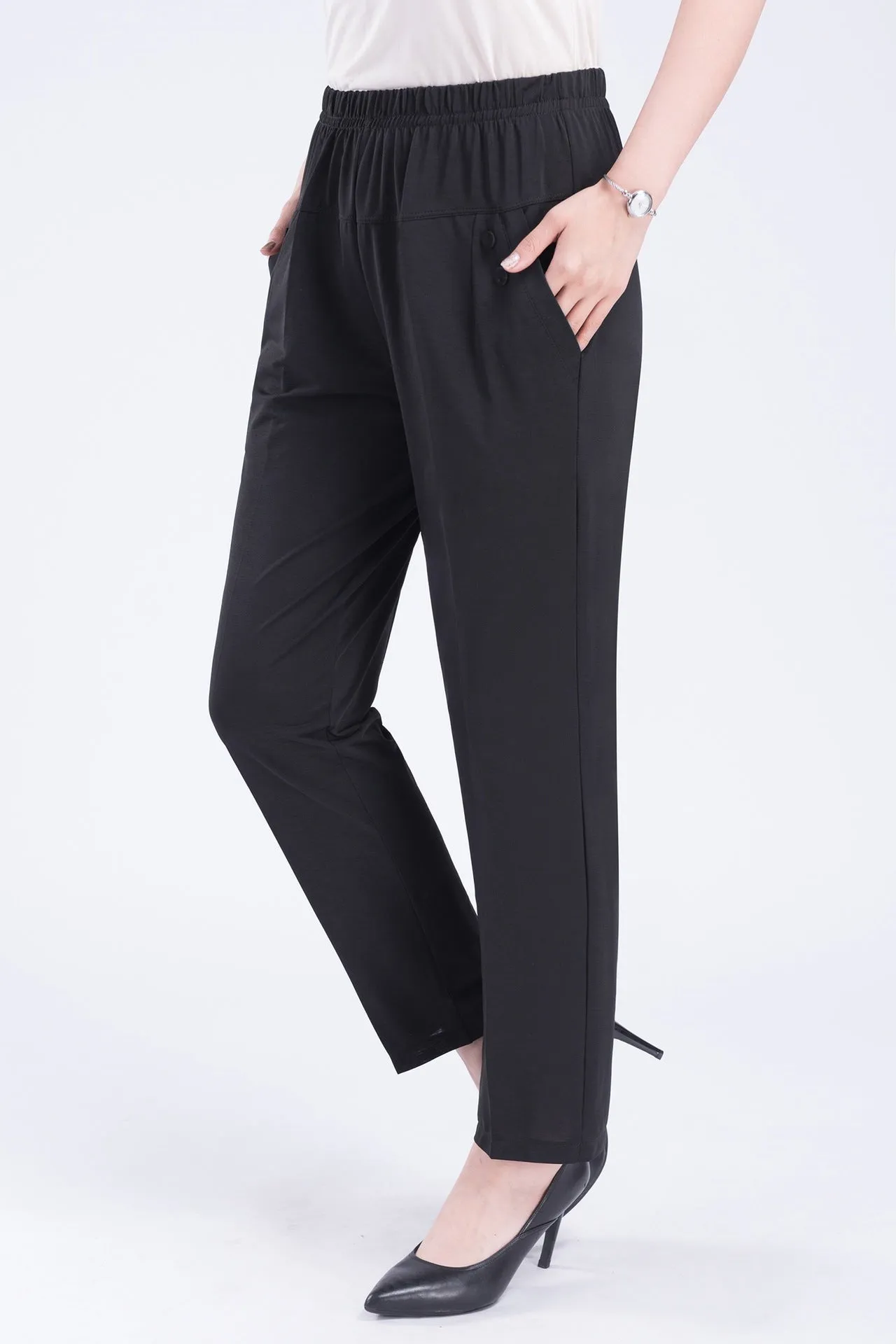 Mom Summer Thin Ankle-Length Pants Casual High Waist Plus Size Ice Silk Straight Elderly Women Elderly Pants