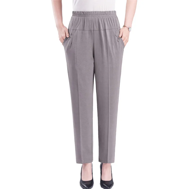Mom Summer Thin Ankle-Length Pants Casual High Waist Plus Size Ice Silk Straight Elderly Women Elderly Pants