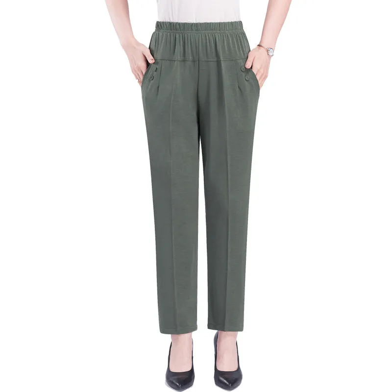 Mom Summer Thin Ankle-Length Pants Casual High Waist Plus Size Ice Silk Straight Elderly Women Elderly Pants