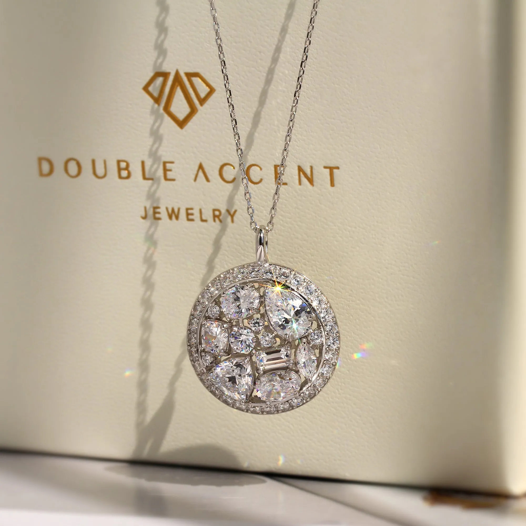 Multi Shape Stone Cluster Vintage Pendant Chain Necklace, Platinum Plated Sterling Silver