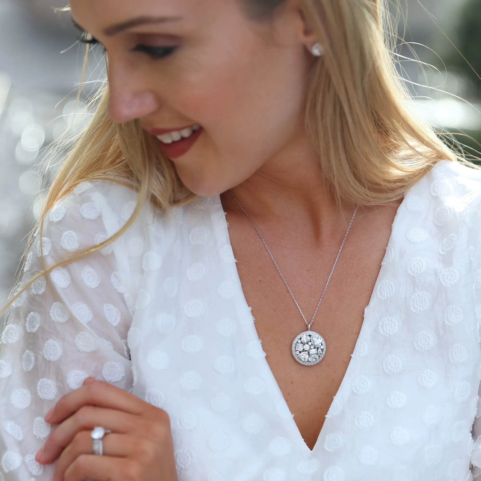 Multi Shape Stone Cluster Vintage Pendant Chain Necklace, Platinum Plated Sterling Silver