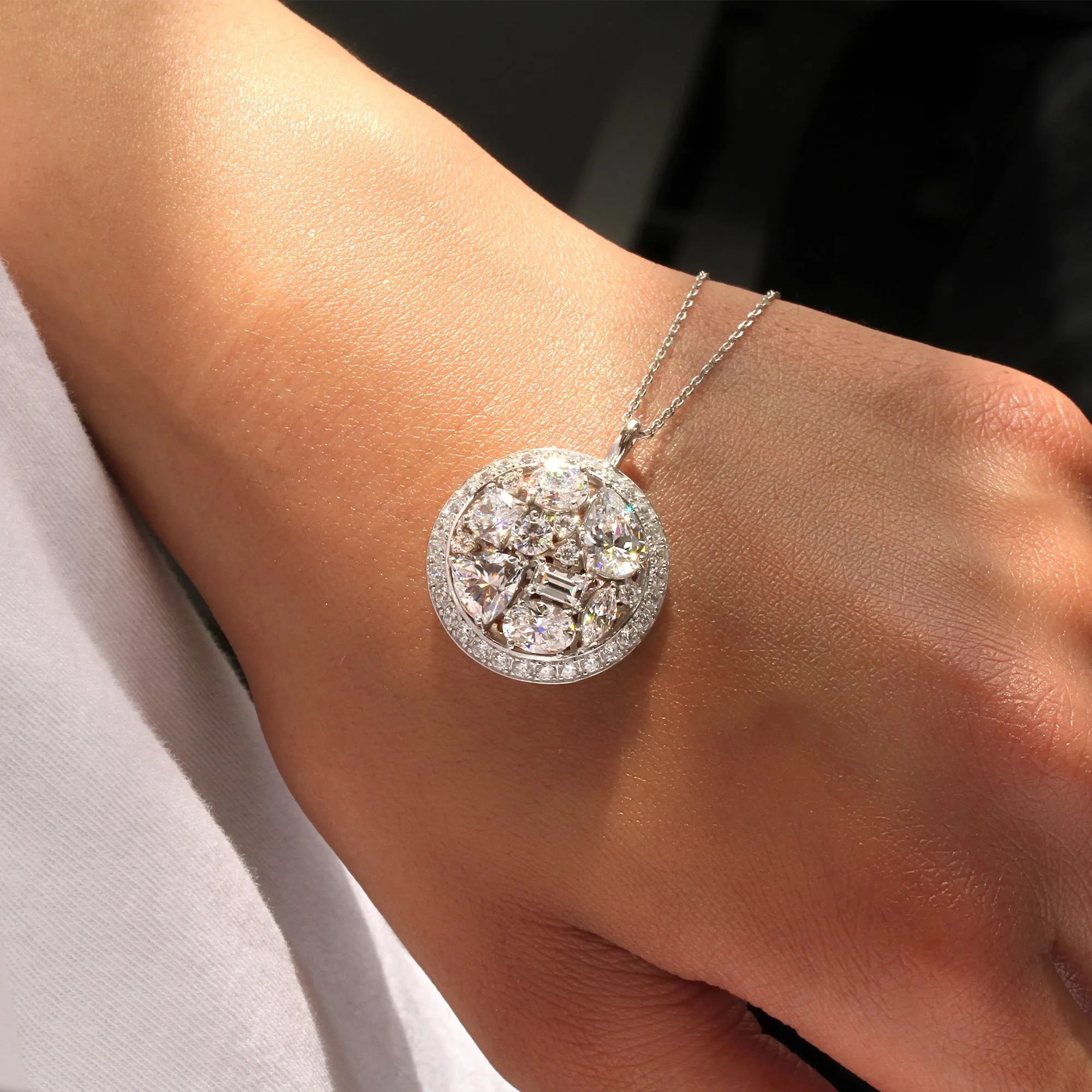 Multi Shape Stone Cluster Vintage Pendant Chain Necklace, Platinum Plated Sterling Silver