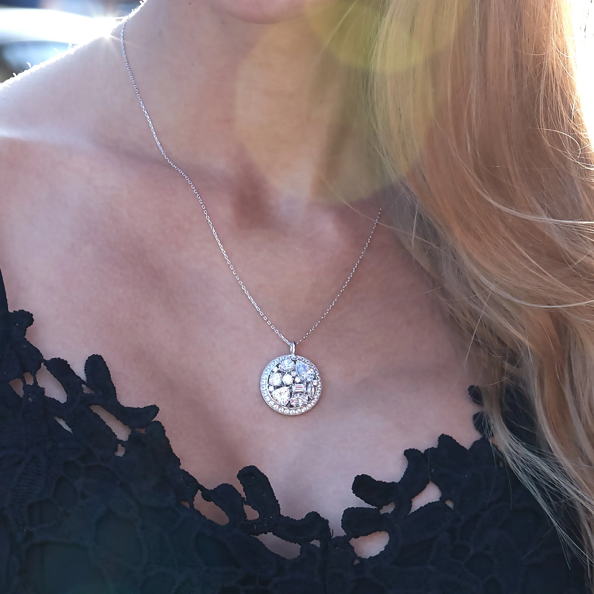 Multi Shape Stone Cluster Vintage Pendant Chain Necklace, Platinum Plated Sterling Silver