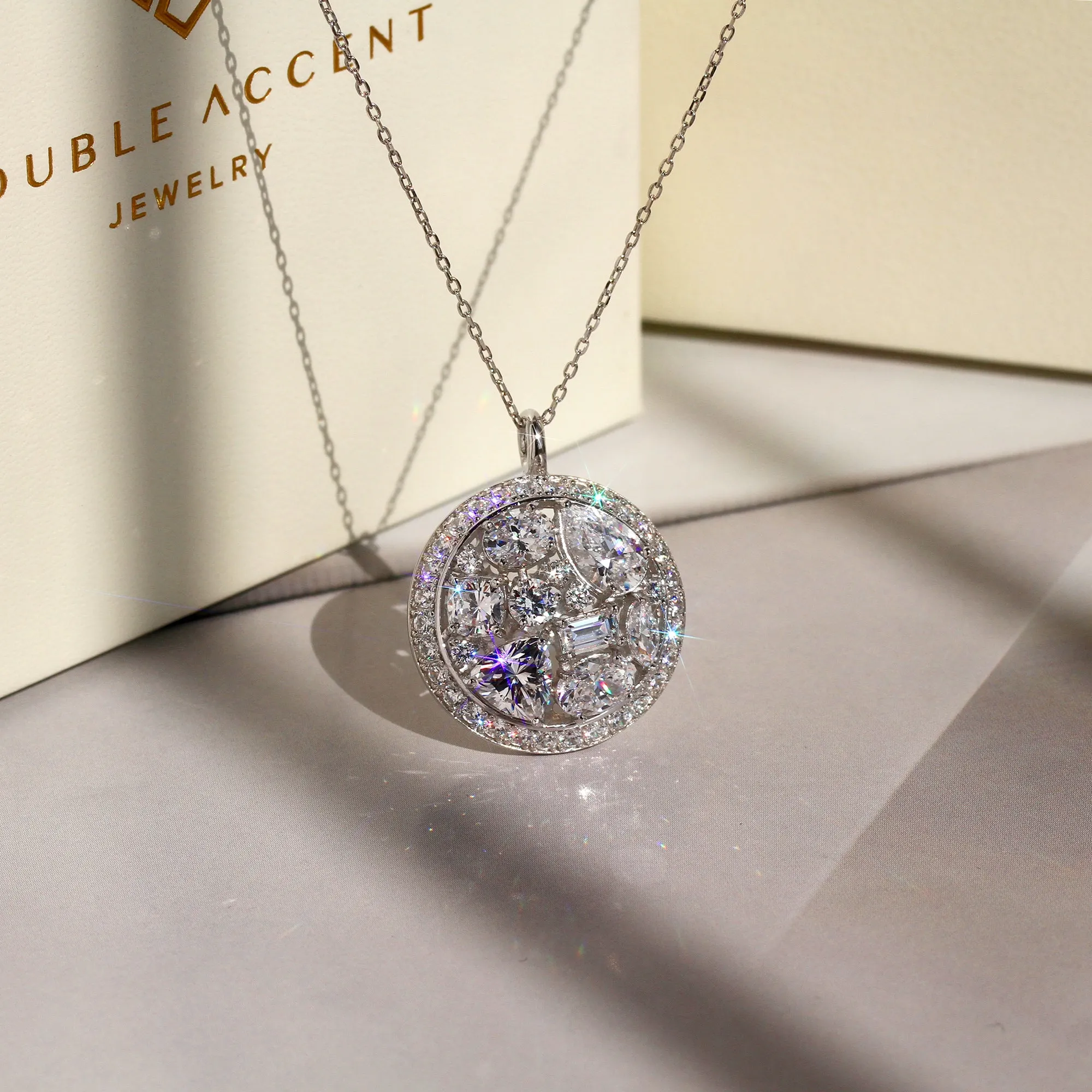 Multi Shape Stone Cluster Vintage Pendant Chain Necklace, Platinum Plated Sterling Silver
