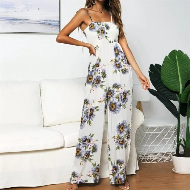 New Sunflower Printed Strap High Waist Rompers