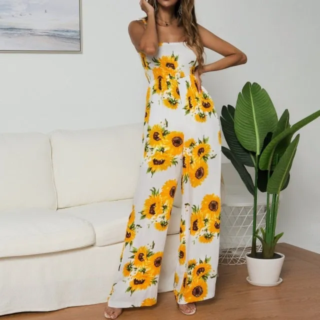 New Sunflower Printed Strap High Waist Rompers