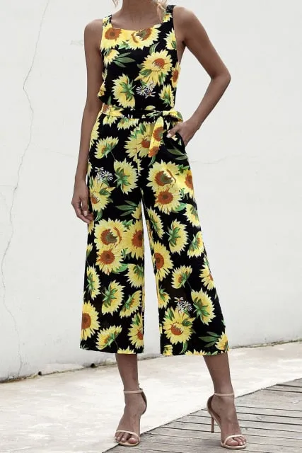 New Sunflower Printed Strap High Waist Rompers