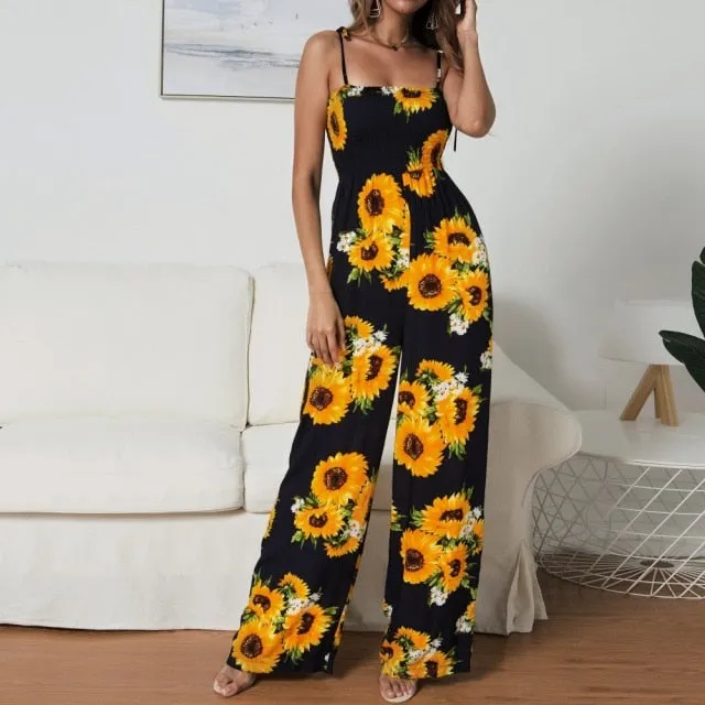 New Sunflower Printed Strap High Waist Rompers
