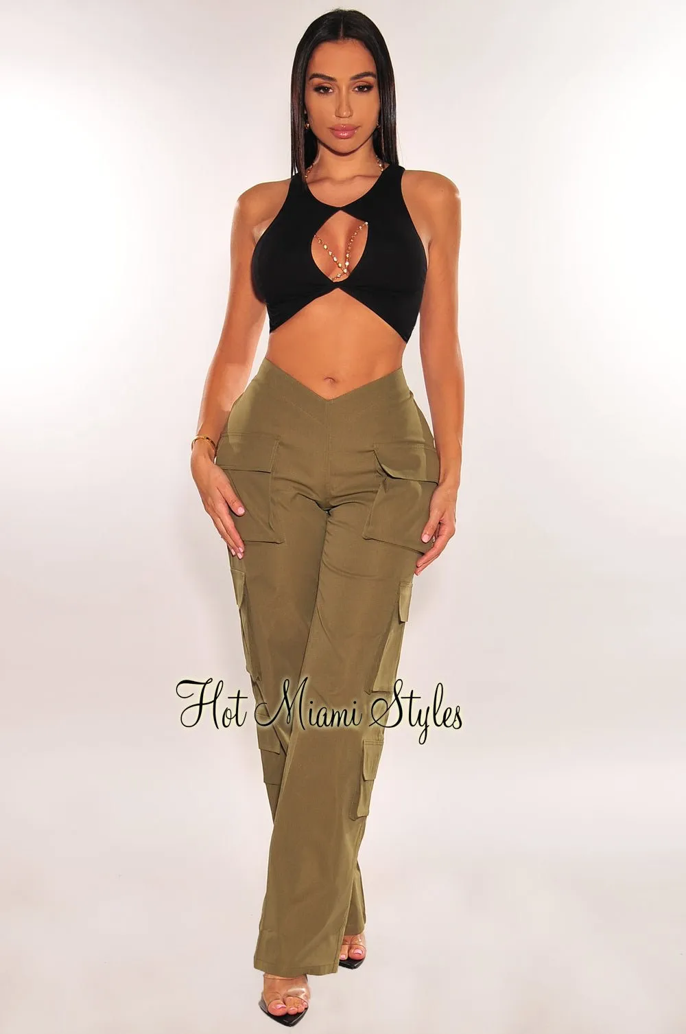 Olive Green V Cut Waist Cargo Wide Leg Pants