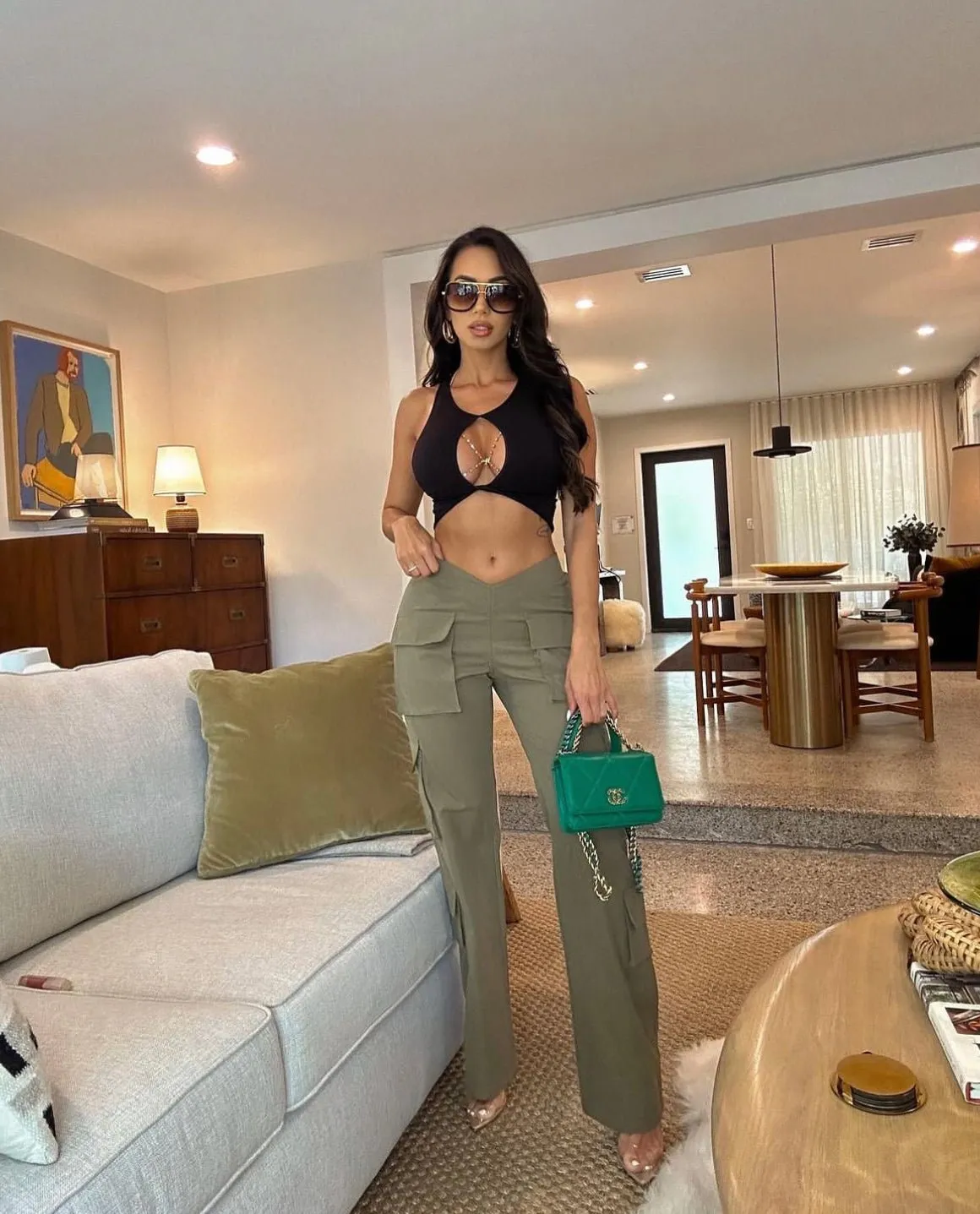 Olive Green V Cut Waist Cargo Wide Leg Pants