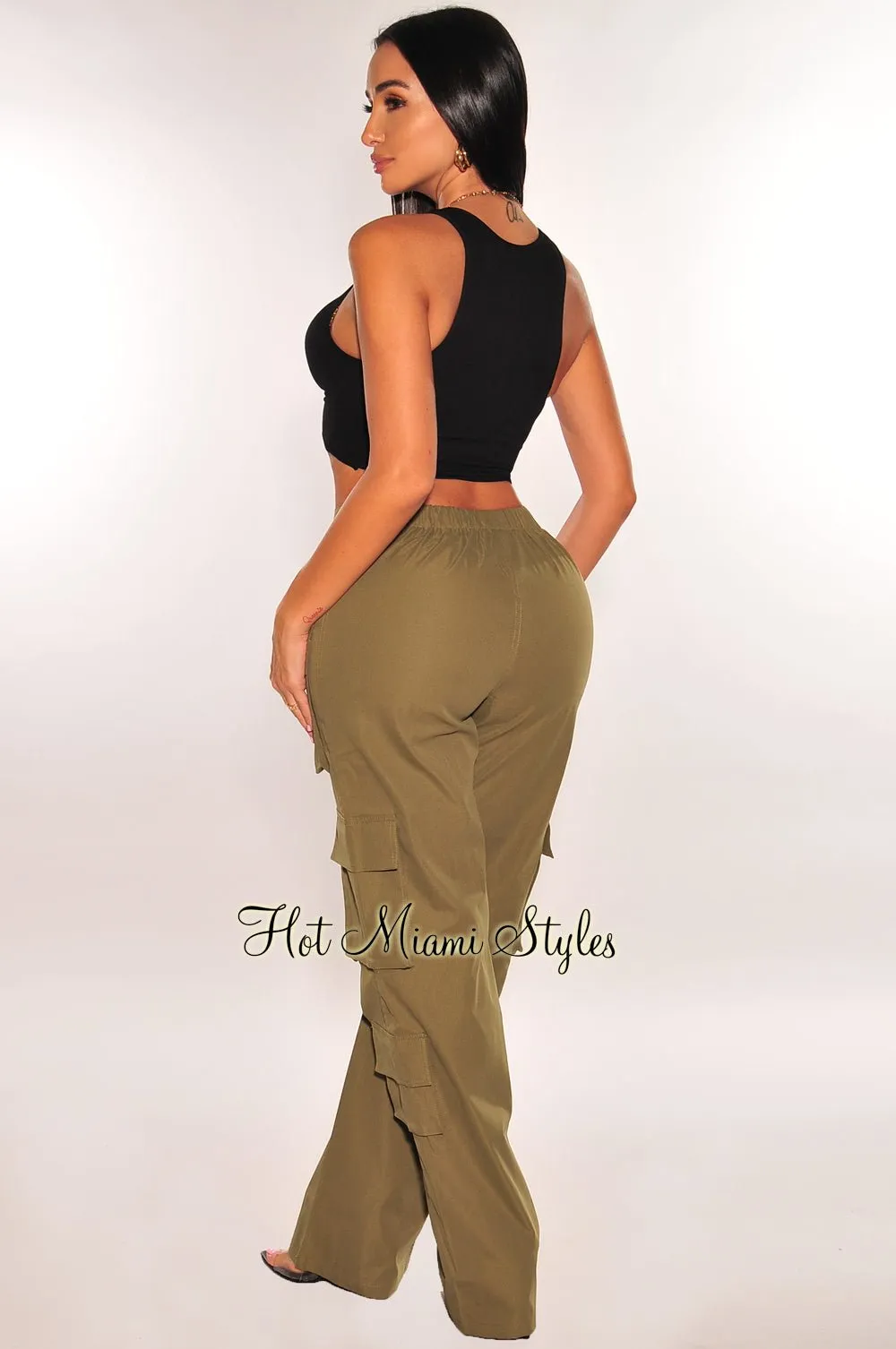 Olive Green V Cut Waist Cargo Wide Leg Pants