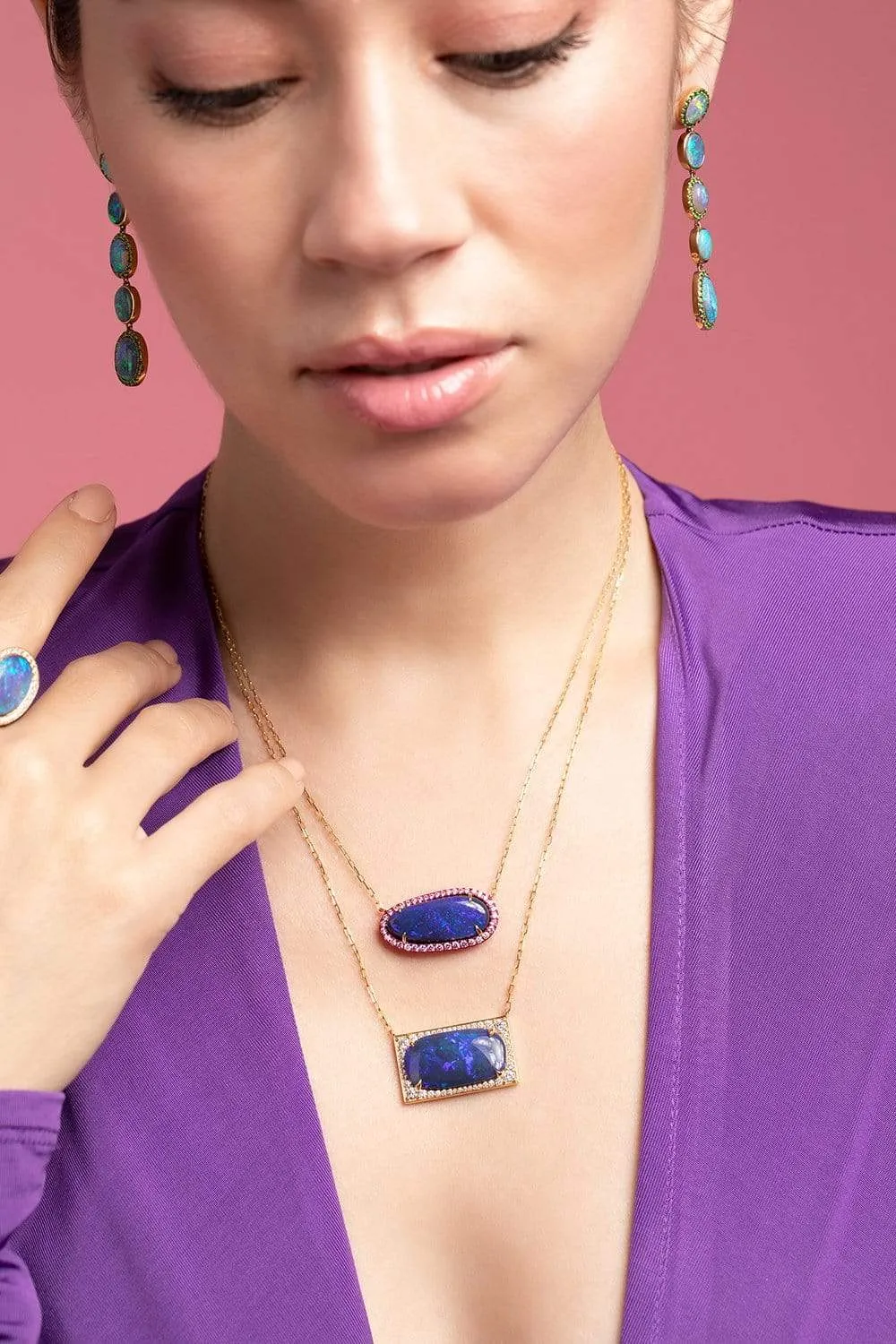 Opal and Pink E-Coating Layering Necklace