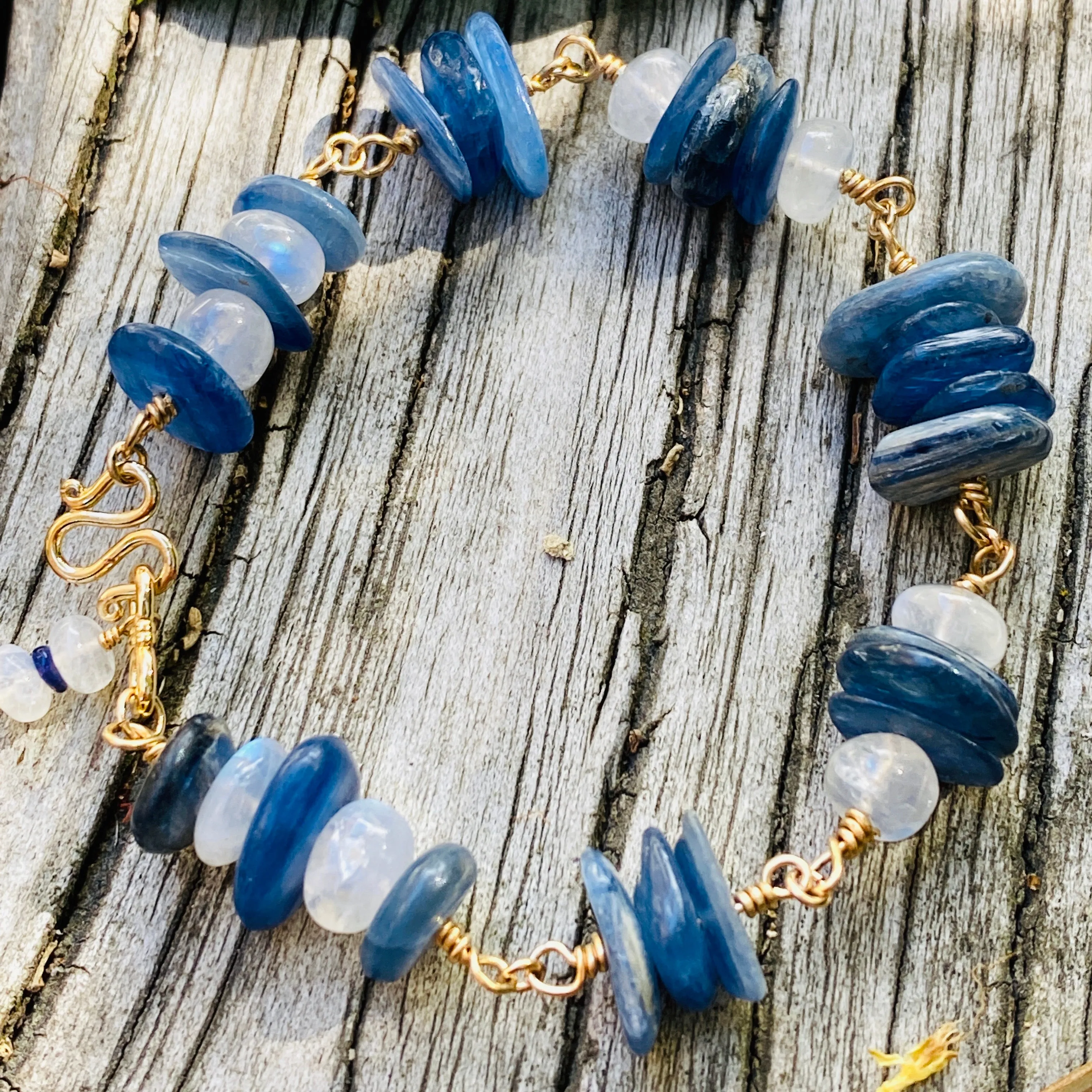 Organic Denim-Blue Kyanite & Rainbow Moonstone Wire-Wrapped Stacking Bracelet