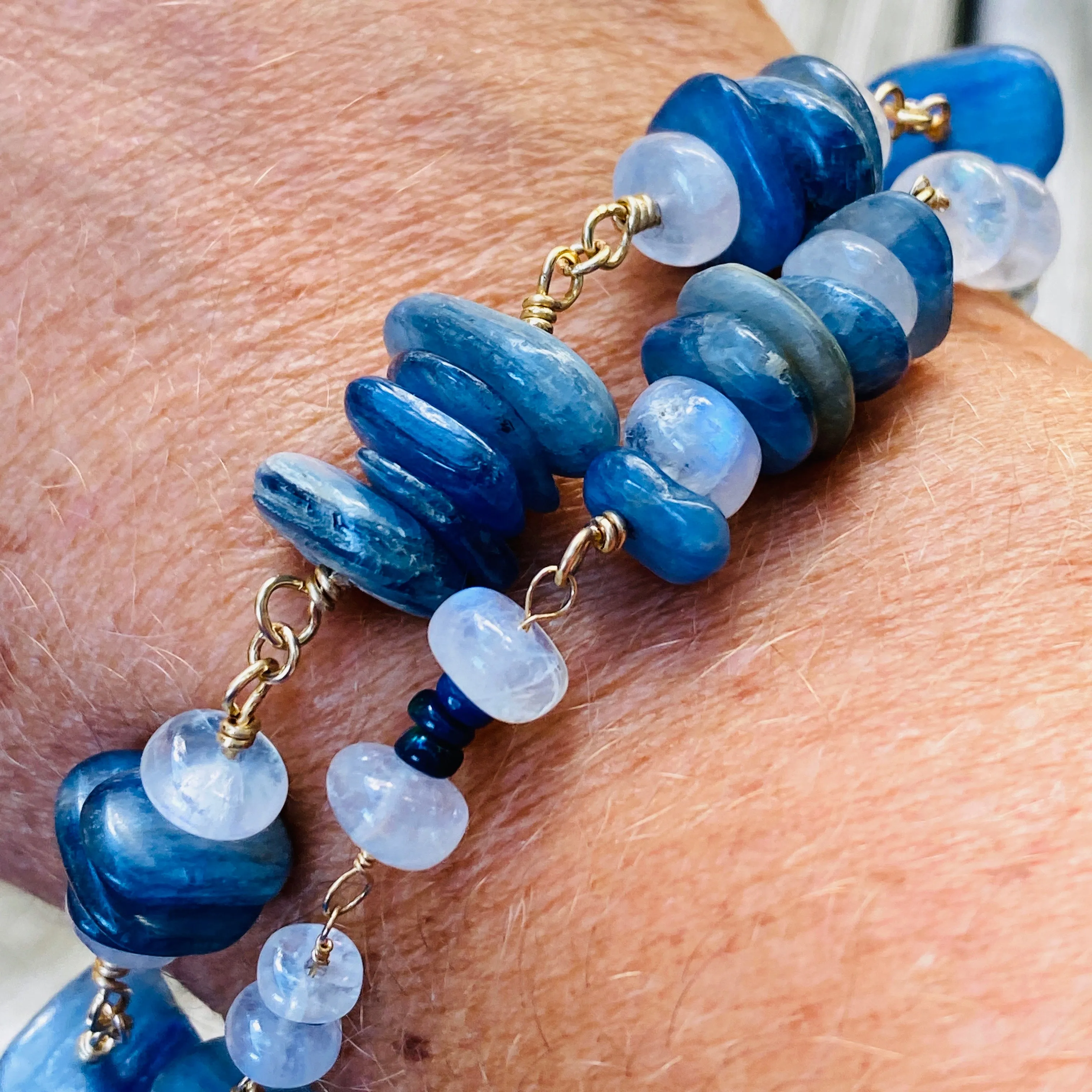 Organic Denim-Blue Kyanite & Rainbow Moonstone Wire-Wrapped Stacking Bracelet