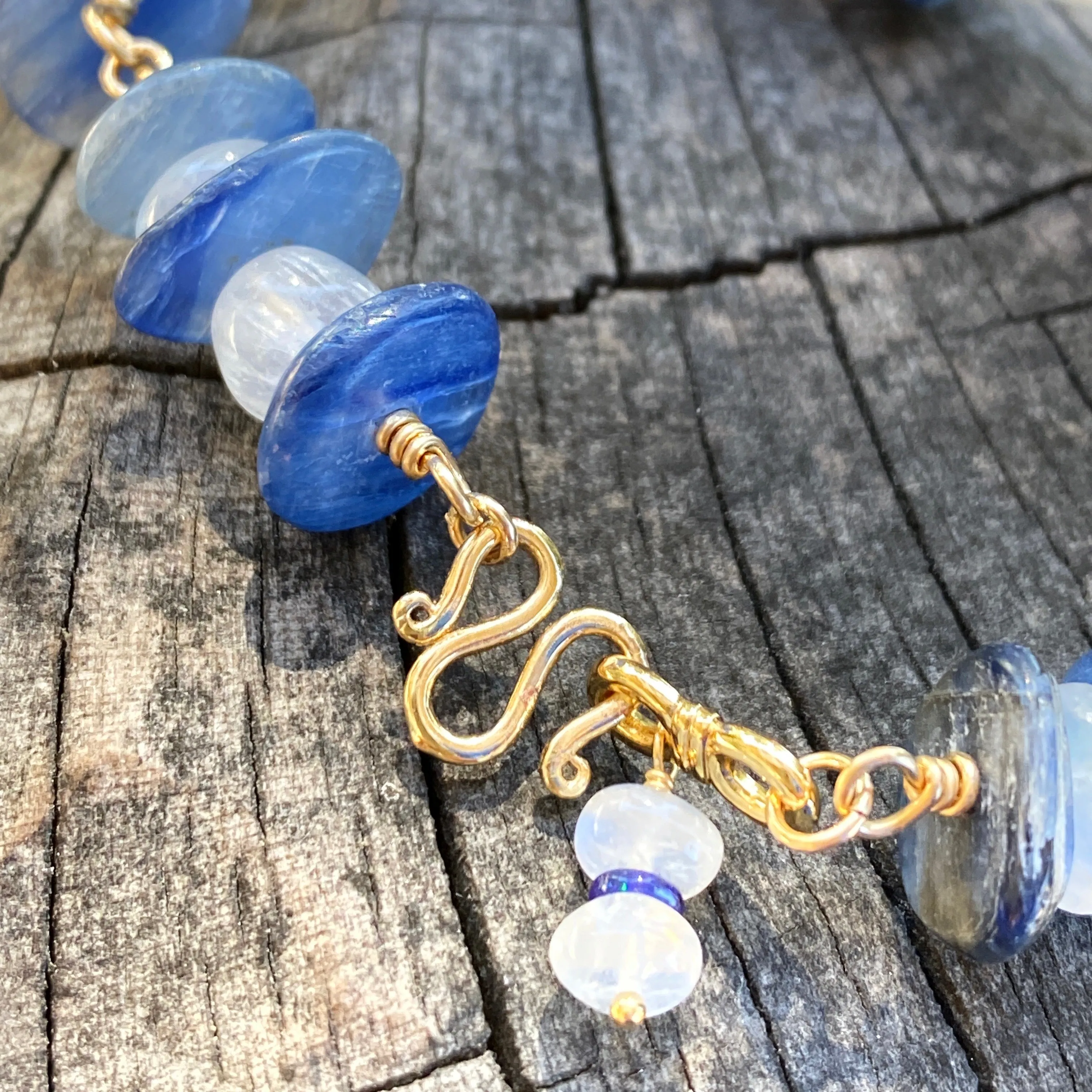 Organic Denim-Blue Kyanite & Rainbow Moonstone Wire-Wrapped Stacking Bracelet