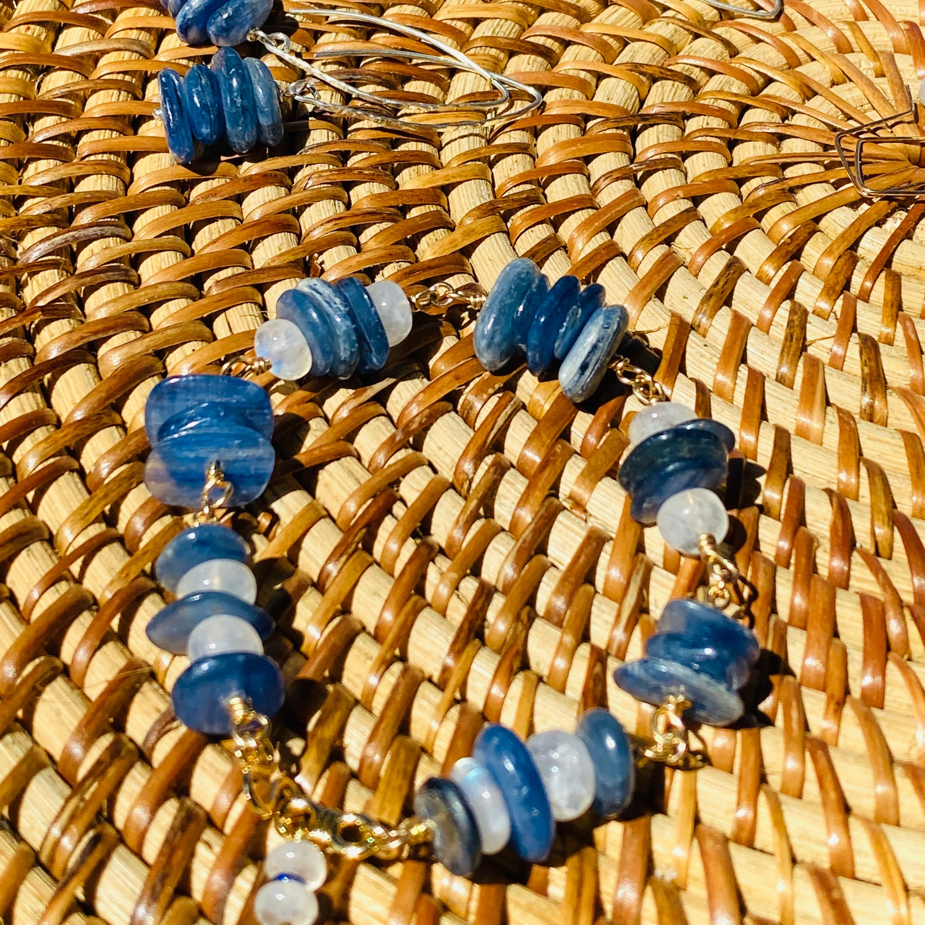Organic Denim-Blue Kyanite & Rainbow Moonstone Wire-Wrapped Stacking Bracelet