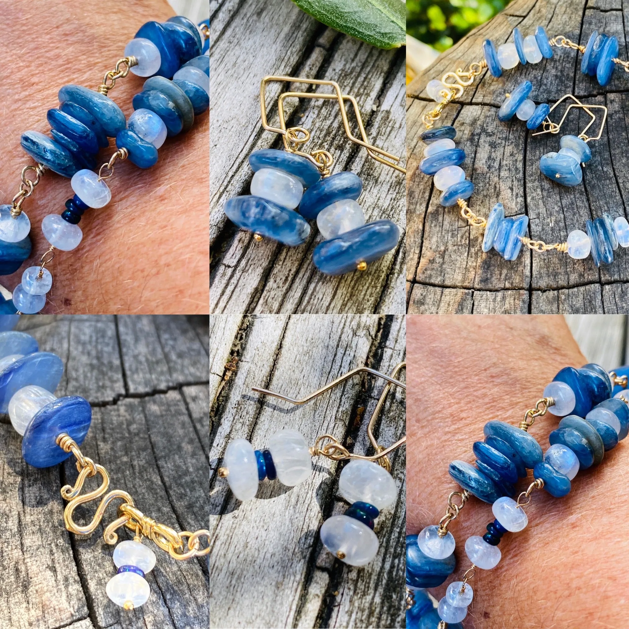 Organic Denim-Blue Kyanite & Rainbow Moonstone Wire-Wrapped Stacking Bracelet