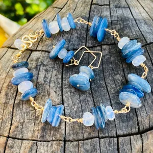 Organic Denim-Blue Kyanite & Rainbow Moonstone Wire-Wrapped Stacking Bracelet