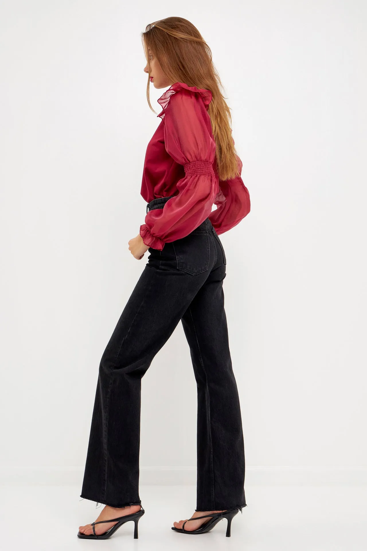 Organza Mixed Smocked Detail Long Sleeve Top