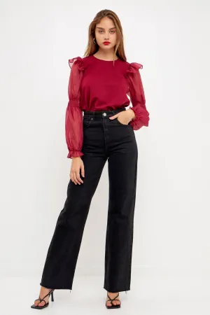Organza Mixed Smocked Detail Long Sleeve Top