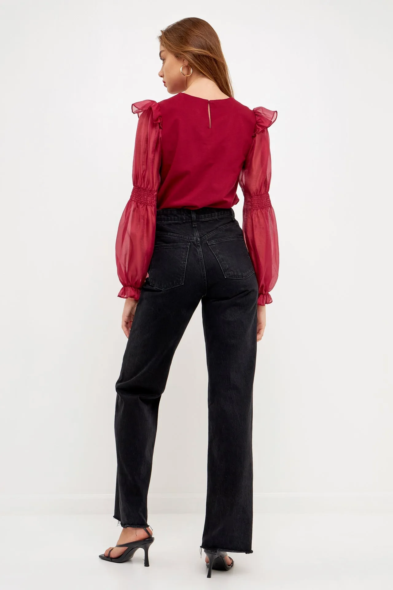 Organza Mixed Smocked Detail Long Sleeve Top