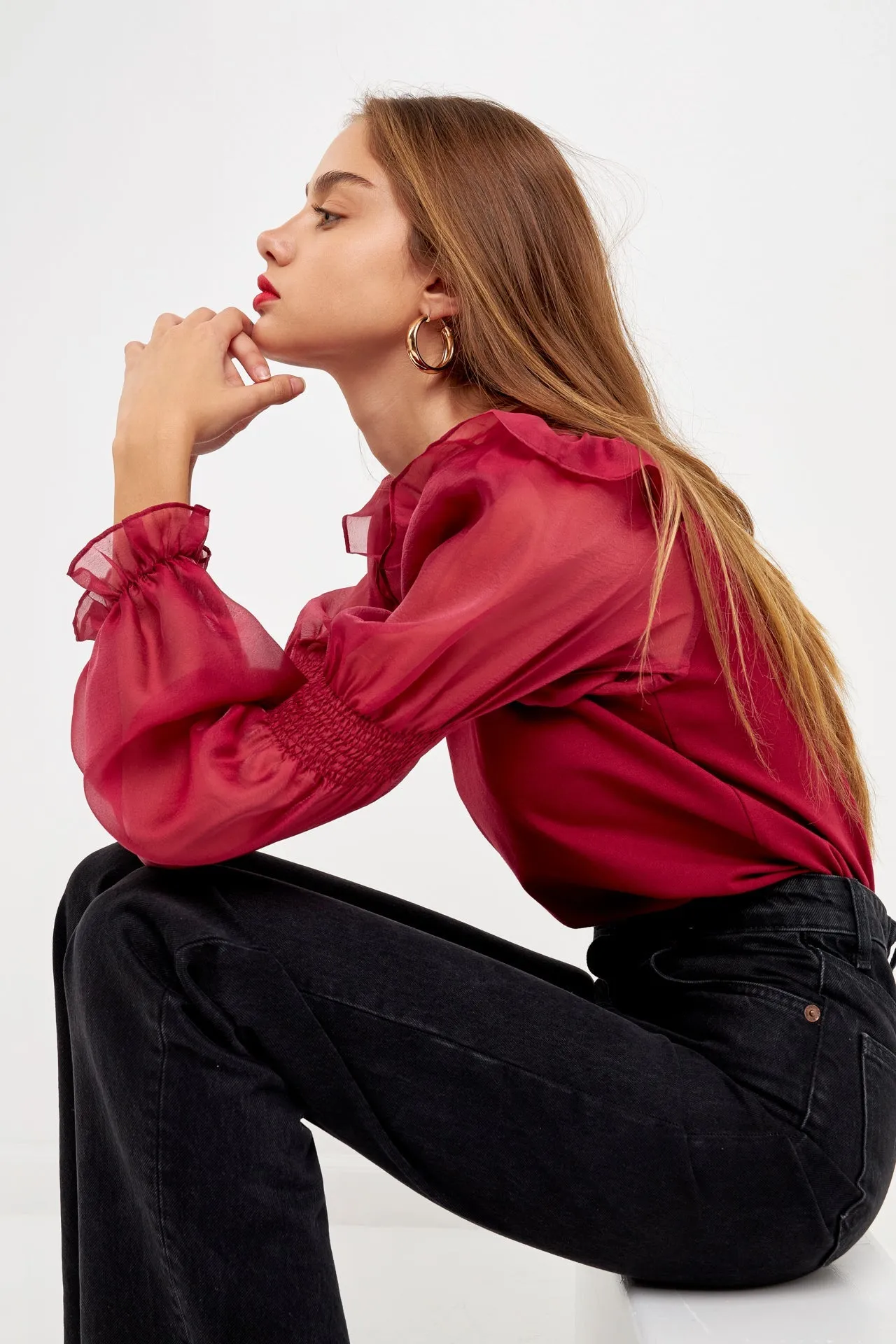 Organza Mixed Smocked Detail Long Sleeve Top