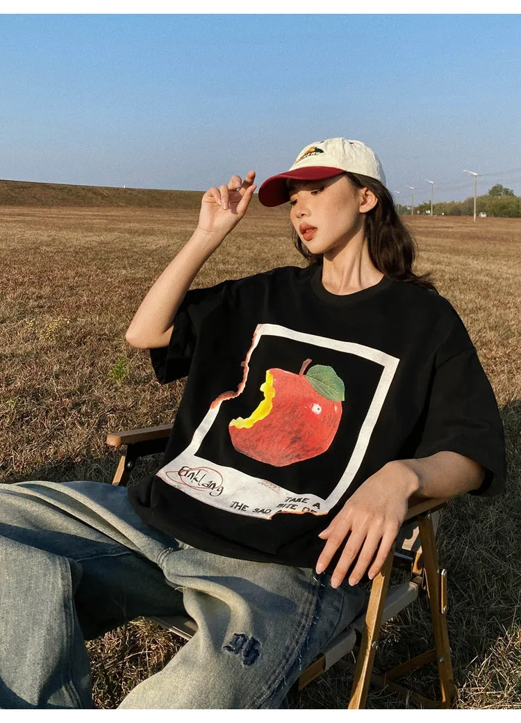 Oula Vintage Apple Print Short Sleeve Baggy T-shirt Top