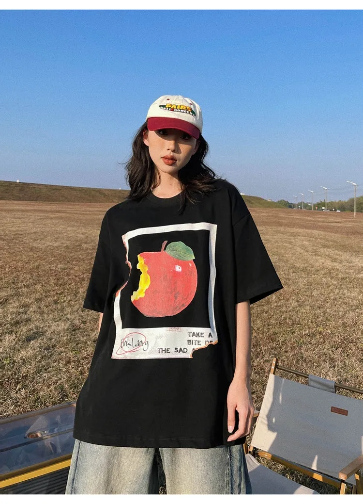 Oula Vintage Apple Print Short Sleeve Baggy T-shirt Top