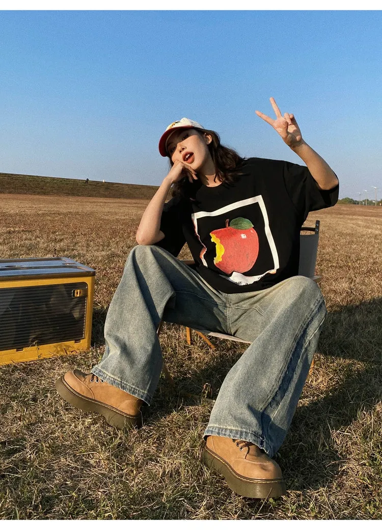 Oula Vintage Apple Print Short Sleeve Baggy T-shirt Top