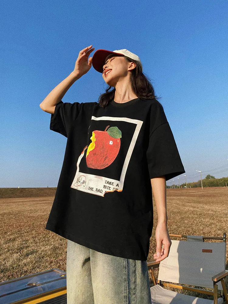 Oula Vintage Apple Print Short Sleeve Baggy T-shirt Top