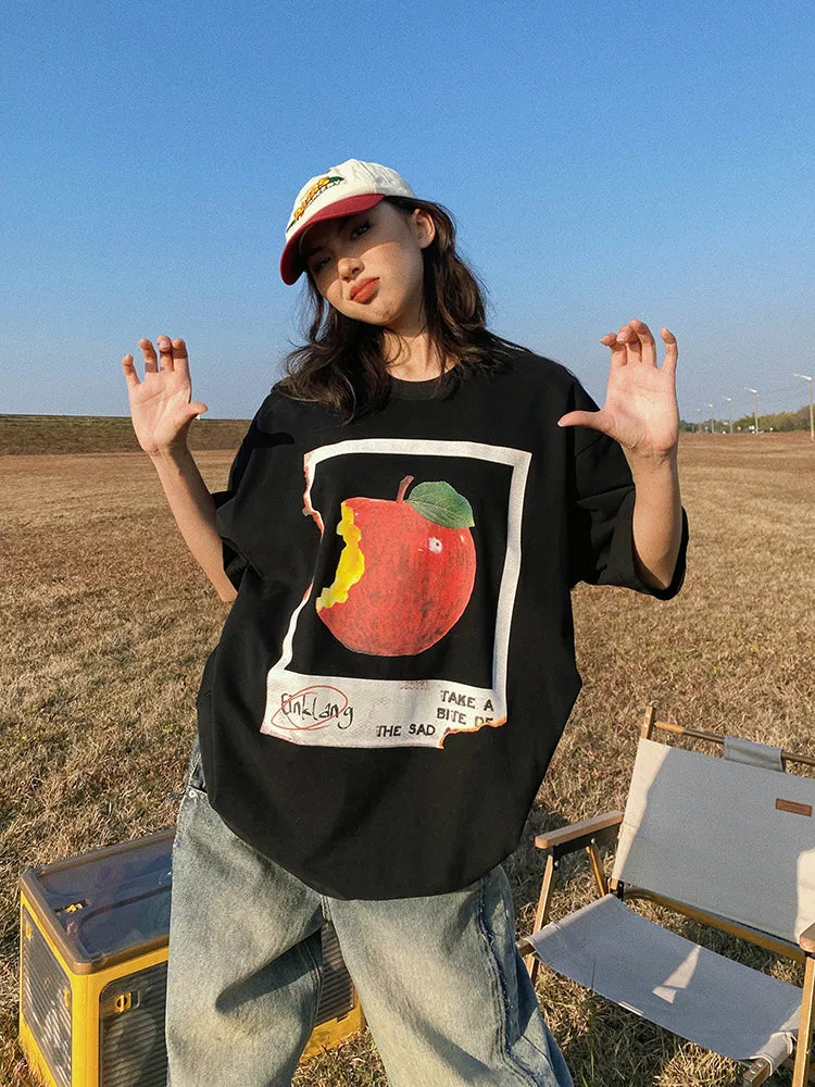 Oula Vintage Apple Print Short Sleeve Baggy T-shirt Top