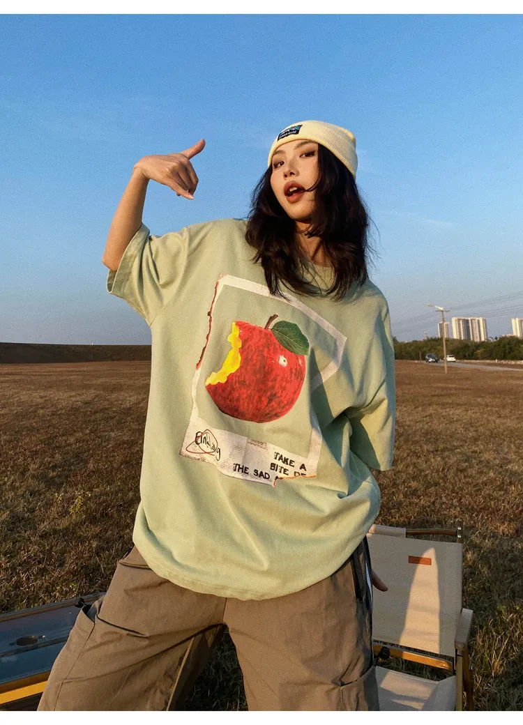 Oula Vintage Apple Print Short Sleeve Baggy T-shirt Top