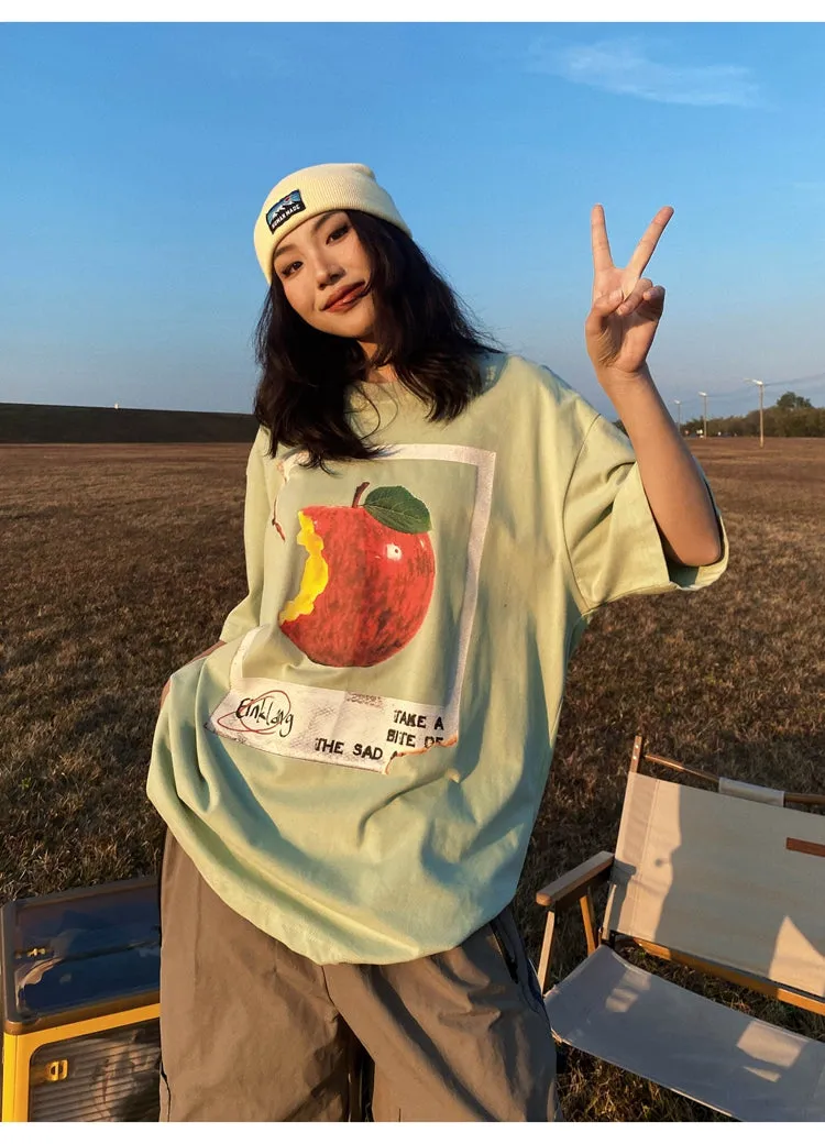 Oula Vintage Apple Print Short Sleeve Baggy T-shirt Top