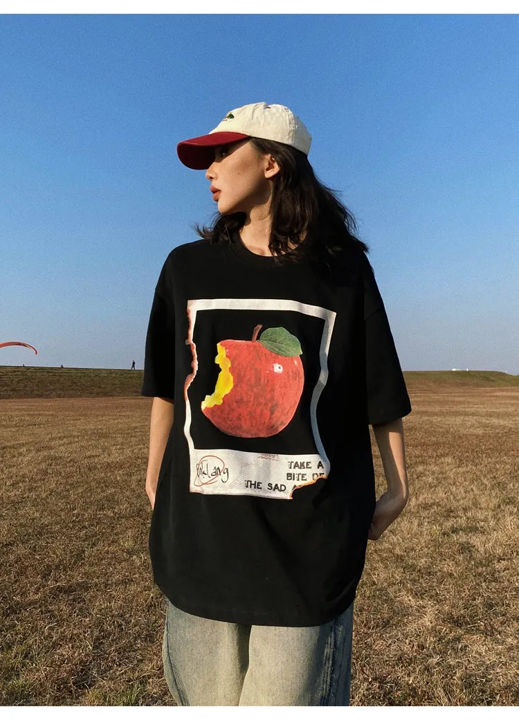 Oula Vintage Apple Print Short Sleeve Baggy T-shirt Top