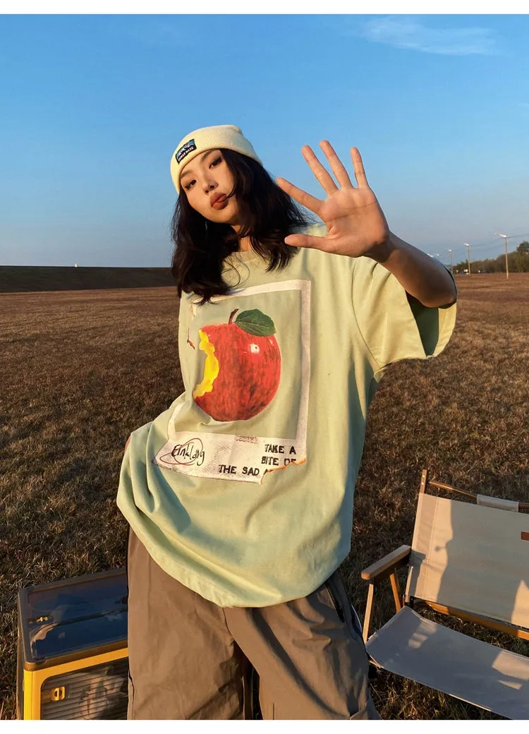 Oula Vintage Apple Print Short Sleeve Baggy T-shirt Top