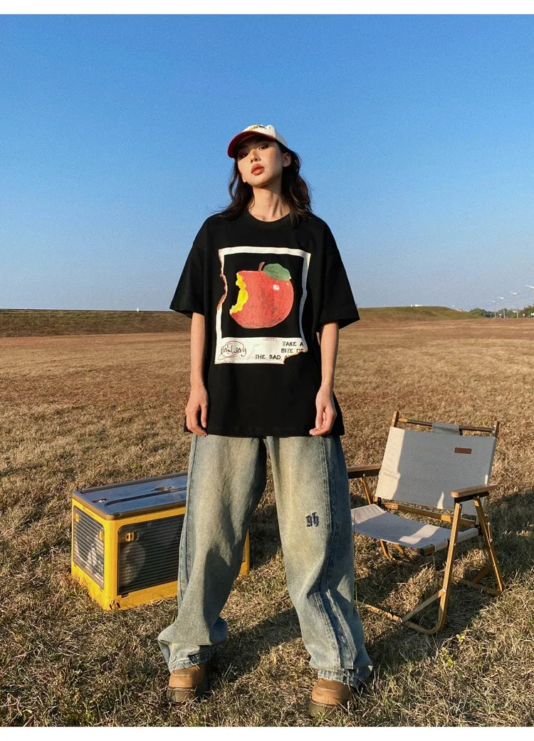 Oula Vintage Apple Print Short Sleeve Baggy T-shirt Top