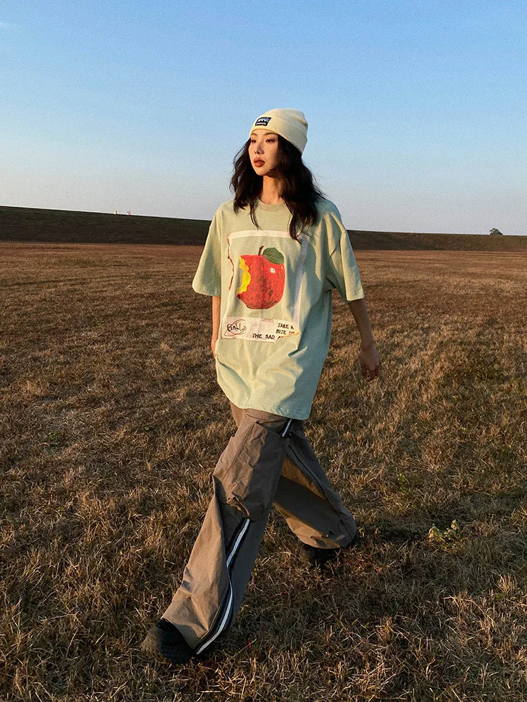 Oula Vintage Apple Print Short Sleeve Baggy T-shirt Top