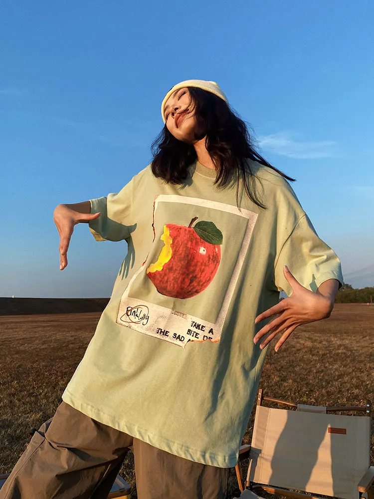 Oula Vintage Apple Print Short Sleeve Baggy T-shirt Top