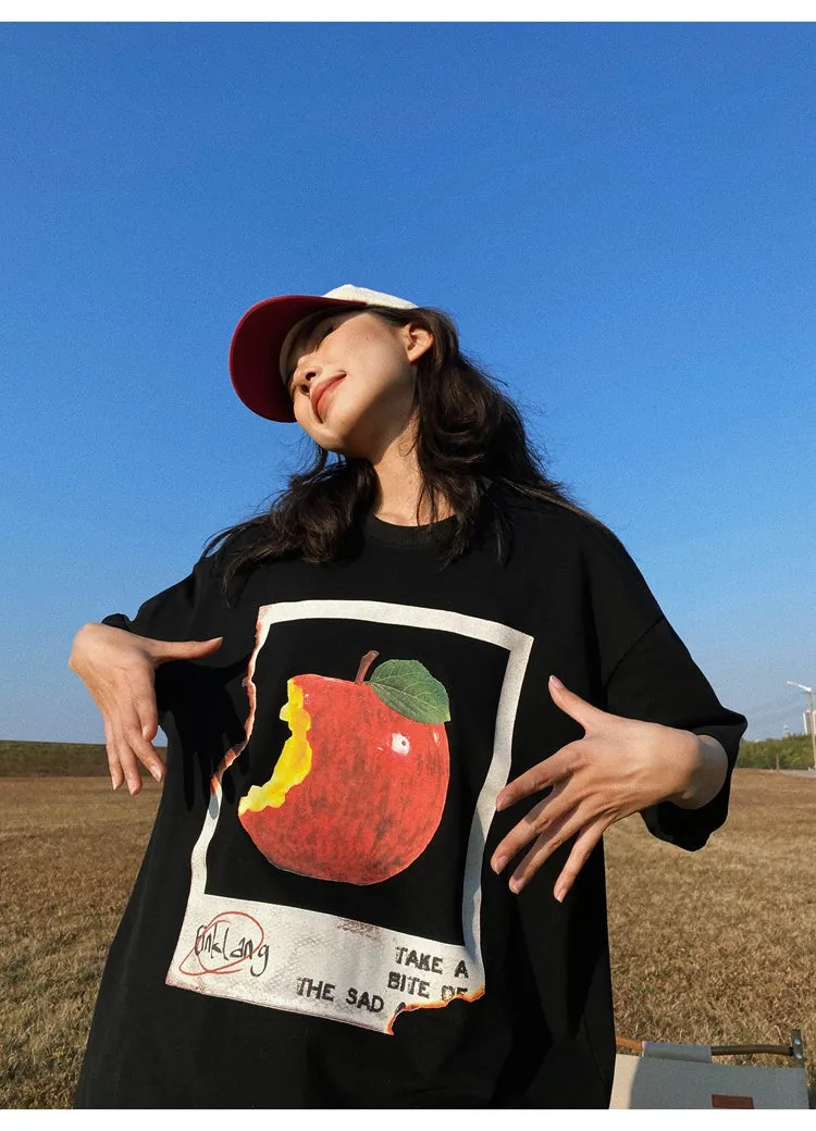 Oula Vintage Apple Print Short Sleeve Baggy T-shirt Top