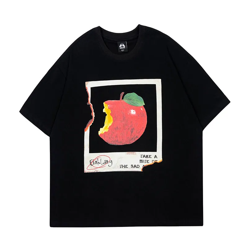 Oula Vintage Apple Print Short Sleeve Baggy T-shirt Top