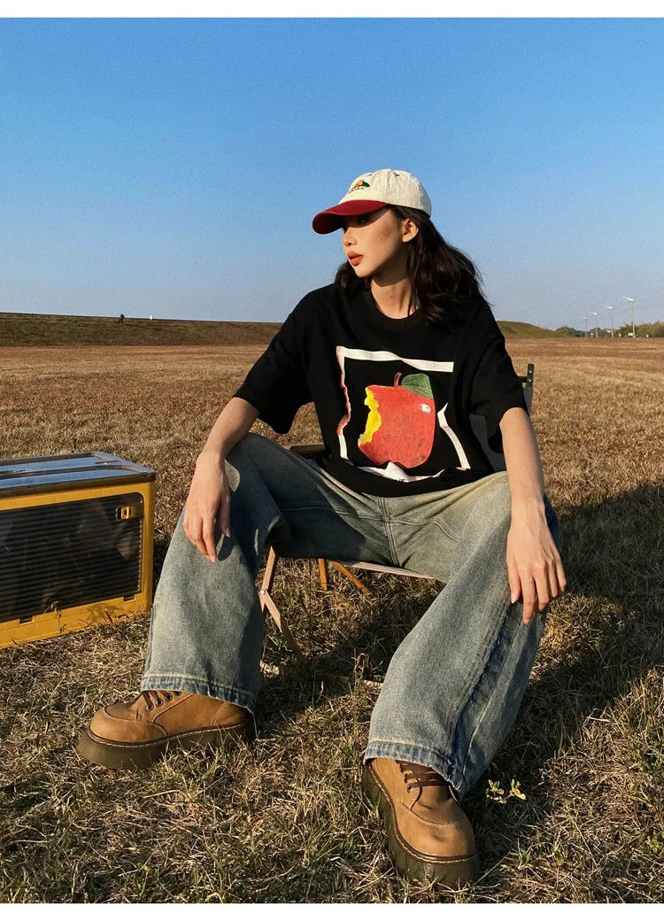 Oula Vintage Apple Print Short Sleeve Baggy T-shirt Top