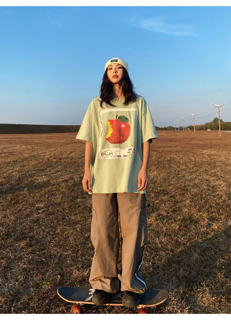 Oula Vintage Apple Print Short Sleeve Baggy T-shirt Top