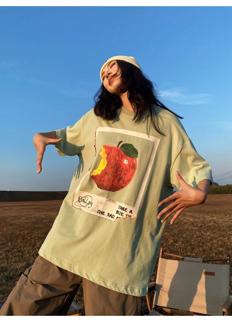 Oula Vintage Apple Print Short Sleeve Baggy T-shirt Top