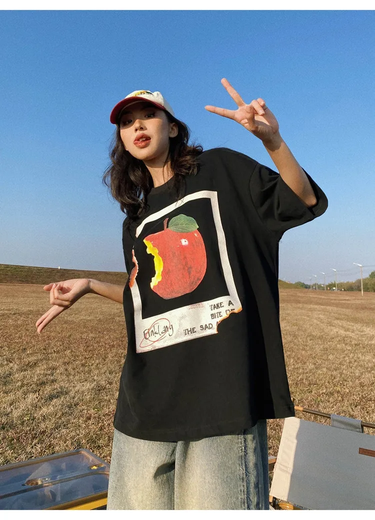 Oula Vintage Apple Print Short Sleeve Baggy T-shirt Top
