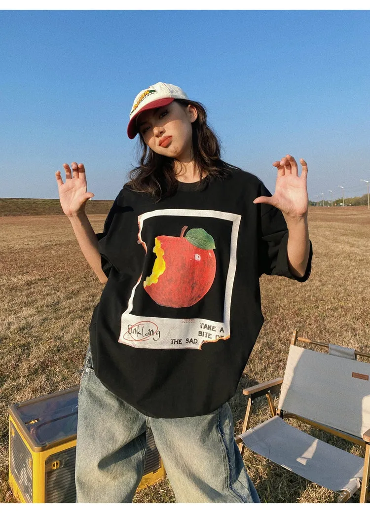 Oula Vintage Apple Print Short Sleeve Baggy T-shirt Top