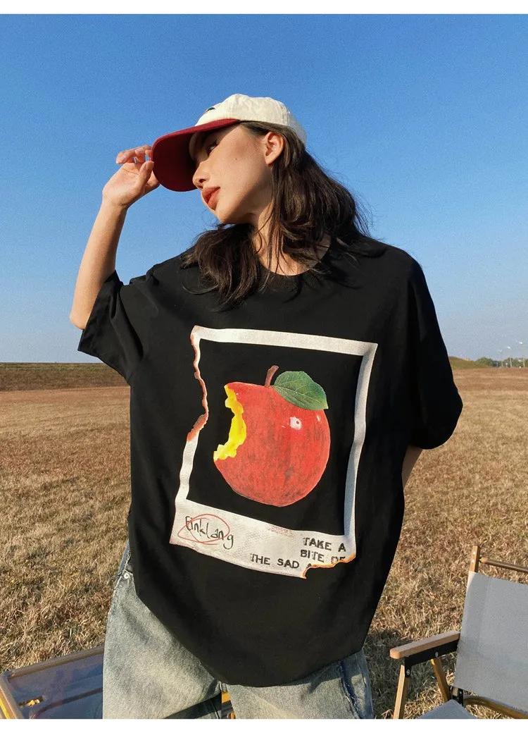 Oula Vintage Apple Print Short Sleeve Baggy T-shirt Top